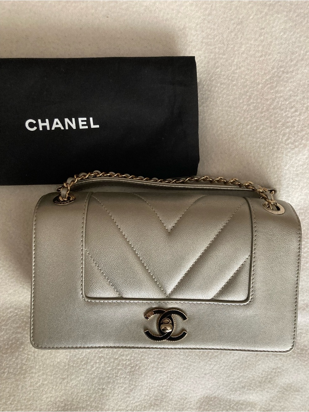 Chanel silver mini mademoiselle flap bag w light gold hardware & enamel turnlock